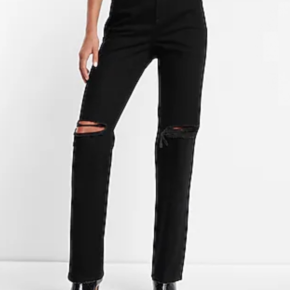 Express Super High Waisted Black Rinse Ripped Modern Straight Jeans